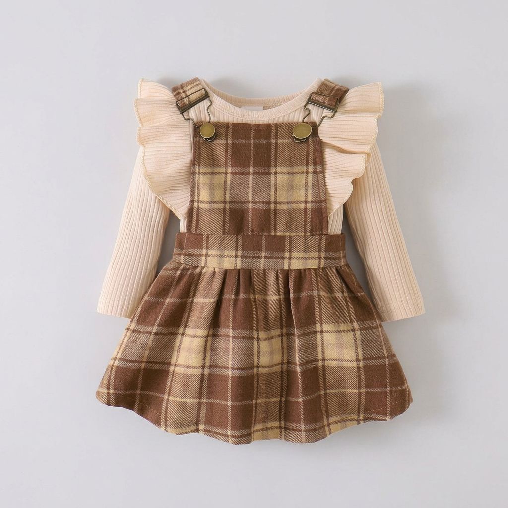 Long Sleeve Romper with Plaid Strap