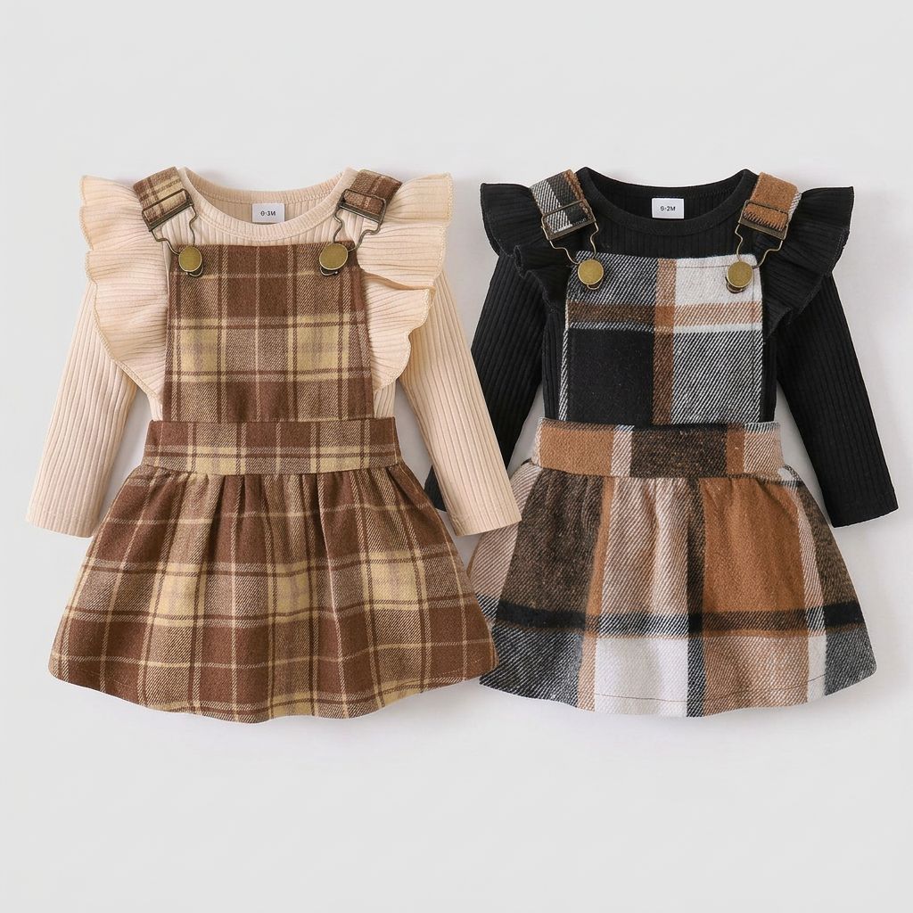 Long Sleeve Romper with Plaid Strap (Set)