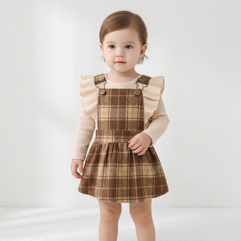Long Sleeve Romper with Plaid Strap (Set)