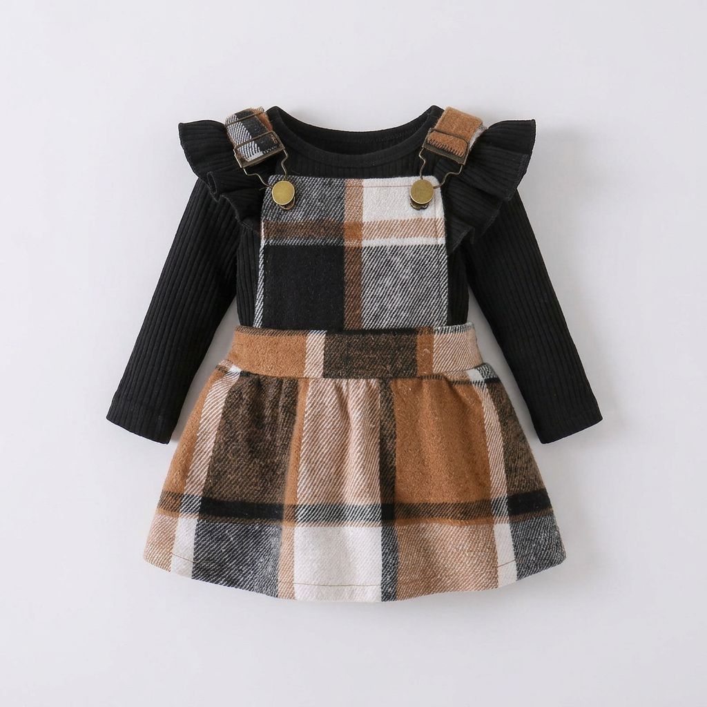 Long Sleeve Romper with Plaid Strap